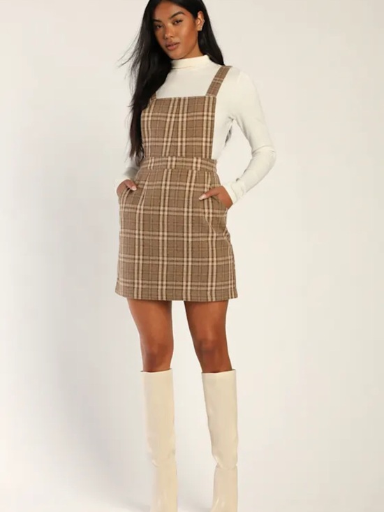 Lulus Dresses & Skirts - NWT Lulus Plaid Pinafore Mini Dress in Brown